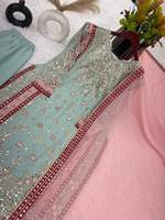 Ensemble Salwar Kameez pakistanais tendance en Georgette, broderie et travail de sequins, comprenant un haut, un Sharara et un Dupatta, vert marin AG501, en tissu Lawn, longueur genou