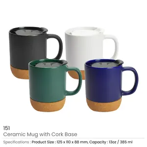 Mug en céramique moderne de 385 ml avec couvercle à motif logo et base en liège pour cadeaux promotionnels - Product Image 4