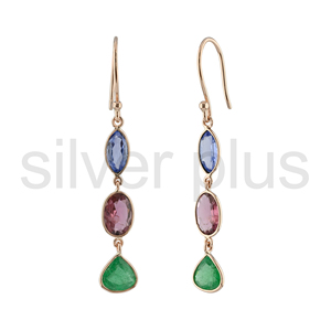 14K Gold Plated Tanzanite Tourmaline Emerald Triple Drop Dangle Earrings Minimalist Style Natural Gemstones for Women Wedding - Product Image 2