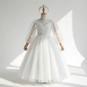 Vestido Largo de Tul con Corsé de Encaje de Manga Larga para Niñas, Estilo Vintage, Atuendo Clásico para Bodas - Product Image 1