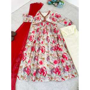 DESIGNER CHINON DIGITAL PRINT MIROIR TRAVAIL À LA MAIN ALIA CUT ROBE BAS AVEC DUPATTA BLANC - Product Image 1