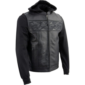 Gilet en cuir premium pour homme Samroz Sports avec capuche amovible - Marron vieilli, col en V, fermeture éclair, veste de moto pour l'hiver - Product Image 1