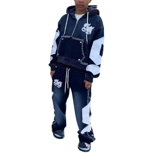 Distressed <b>Embroidery</b> Patch Men's Winter Sweatsuit Zip Hoodie Flared Pants Tracksuit Unisex 100% Cotton Sweatpants Hoodie <b>Set</b> - Product Image 2