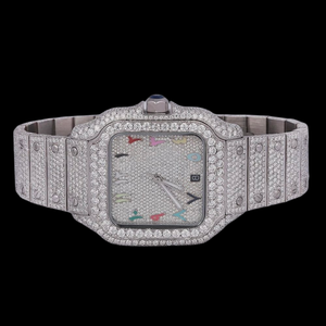 Montre Hiphop personnalisée en acier inoxydable avec diamants Moissanite ronds taille brillant Affichage en verre de fenêtre à cadran analogique carré de 41mm - Product Image 1