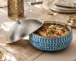 Casserole carrée en acier inoxydable, motif feuille bleue, couvercle martelé, design oriental durable, incrustation nacre, poignée en bois - Product Image 4