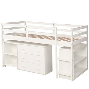 Letto a soppalco singolo bianco con armadio e scrivania portatile su ruote per bambini, letto a soppalco basso per studio (Vecchio SKU LP000113AAK) - Product Image 3