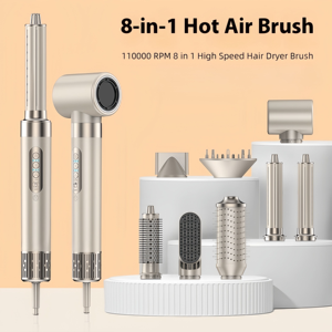 Styler capillaire 8 en 1 anti-frisottis à ions négatifs en céramique avec moteur haute vitesse de 110 000 tr/min pour des cheveux soyeux et lisses, idéal pour salons et hôtels - Product Image 1