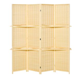 Paravent en bambou artisanal à 4 panneaux, cloison pliante de 6 pieds avec 2 étagères de présentation pour chambre à coucher, bureau, style naturel - Product Image 1