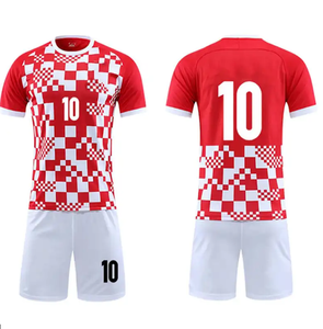 ชุดเสื้อฟุตบอลทีม AURA สำหรับทุกเพศ สีแดงขาวลายตารางหมากรุก พิมพ์ลายแบบ Sublimation ผ้าโพลีเอสเตอร์ 100% ระบายอากาศได้ดี เป็นมิตรกับสิ่งแวดล้อม ทรงคอกลม - Product Image 1