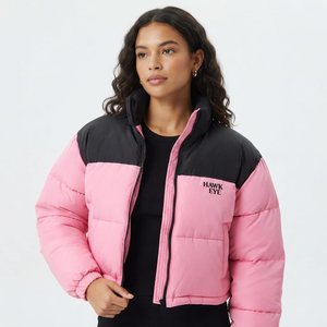 Latest Design Color Block Women <b>Cropped</b> <b>Puffer</b> <b>Jacket</b> Winter Warm Stand Collar Full Zip Quilted Padded Casual Style <b>Jacket</b> - Product Image 4