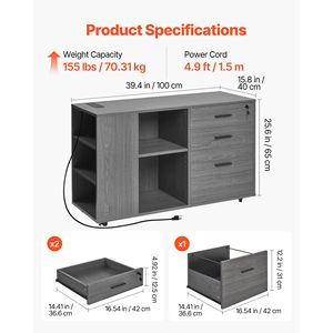 Armadietto Portadocumenti Mobile in Legno a 3 Cassetti Regolabili con Ruote e Serratura, Organizzatore per Cavi e Spine, Scaffali Bloccabili - Product Image 3