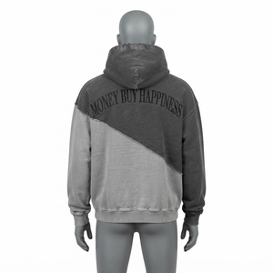 Custom <b>Grey</b> Color Block Hoodie <b>Men</b> Oversized Streetwear Pullover <b>Sweatshirt</b> Vintage Washed Distressed Fleece Casual Wear - Product Image 2