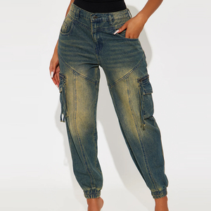 Womens Cargo Jogger <b>Jeans</b> Breathable Eco-Friendly Vintage Wash <b>Elastic</b> Cuff Denim Pants Multi-Pocket Streetwear Baggy - Product Image 4