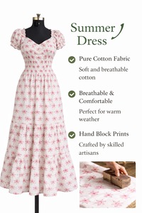 เดรสผ้าพิมพ์ลายดอกไม้แบบแฮนด์บล็อก คอรูปหัวใจ แขนสั้นพอง เอวยางยืด ยาวแบบแม็กซี่ ผลงานแฮนด์เมดชิ้นเอก - Product Image 5