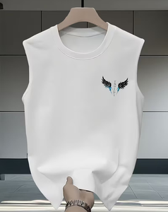Men's White Sleeveless Tank Top With Black Wings And Japanese Text Print O-Neck Casual Wear Breathable Knitted Cotton - Product Image 2
