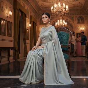 Sari en soie Fendy argenté pré-cousu, prêt à porter en une minute, avec finition fluide et chemisier prêt-à-porter |   Tenue de soirée élégante - Product Image 5