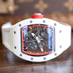 White Tonneau Red Accent Skeleton Men's <b>Watch</b> ETA Automatic Mechanical Sports Wristwatch Carbon Fiber <b>Case</b> Rubber Strap Pointer - Product Image 2
