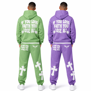 Ensemble de survêtement pour homme avec sweat à capuche imprimé Faith, style streetwear, jogging en molleton de coton, tenue décontractée sportive 2 pièces - Product Image 2