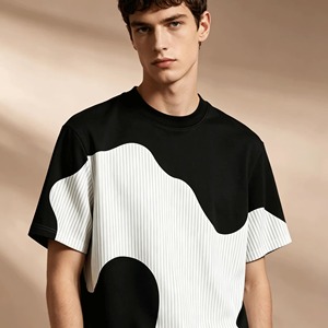 T-shirt homme noir et blanc à imprimé patchwork vache, texture rayures verticales, col rond, manches courtes, streetwear décontracté, sublimation numérique - Product Image 5