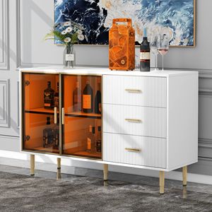 Credenza Moderna con Porte in Vetro Temperato Ambrato, Gambe in Metallo Dorato e Piano in Marmo Adesivo, Buffet Artigianale in MDF - Product Image 1