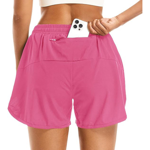 Magenta 2 in 1 <b>Drawstring</b> Gym Shorts for Women Polyester Double Layer Workout Shorts with Zipper Pocket Running - Product Image 2