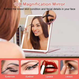 Specchio da Trucco da Tavolo Ricaricabile con Ingrandimento 10X, 3 Luci LED Colorate, Luminosità Regolabile, Pieghevole per Viaggio - Product Image 4