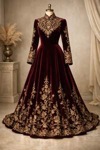 <b>Burgundy</b> <b>Velvet</b> Fergani Embroidered Floor-Length Wedding <b>Dress</b> For Women Traditional Indian Pakistani Style With Gold Detailing - Product Image 3