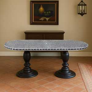 Modern Eco-Friendly Oval Bone Inlay Top Pedestal <b>Console</b> <b>Table</b> with Leg Base and Geometric Design for Living Room Furniture - Product Image 3