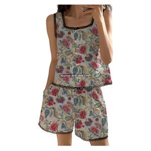 Ensemble pyjama short en coton pour femme avec dentelle, imprimé animal sexy, floral, sans manches, collection printemps/été, imprimé bloc, vente en gros - Product Image 2