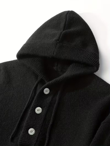 Men's Autumn Winter Knit Sweater Hooded Solid Color Loose Fit Button Pullover 100% Cotton Breathable Quick Dry Anti-Pilling ODM - Product Image 3