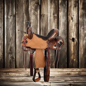 Selle de baril en cuir de vachette avec arbre en bois, incrustation de poils, gravure florale sculptée à la main, style western pour la pratique du trail riding compétitif - Product Image 2