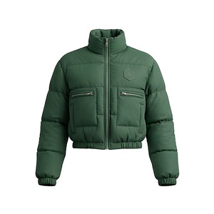 Green Quilted Jacket Full Sleeve Stand Collar Zipper Closure Windproof Winter Short Length Polyester Filling - Product Image 1