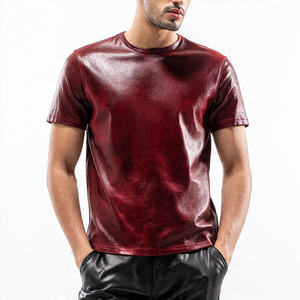 T-shirt matelassé en cuir véritable pour homme, col rond, manches courtes, couleur unie - Style urbain, écologique, respirant et anti-UV - Product Image 3