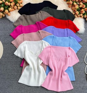 Blouses en tricot décontractées pour femmes, style été, mi-longues, à nœud simple, manches courtes, col carré, couleur unie, hauts de fête - Product Image 1
