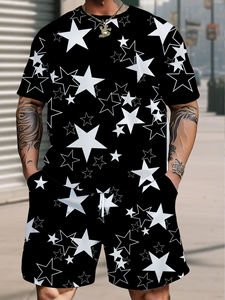 Conjunto Casual de Verano Unisex de 2 Piezas, Camiseta de Manga Corta con Cuello Cuadrado de Poliéster de Secado Rápido, Estampado Digital Brillante, Lavado Ácido, Color Sólido - Product Image 2