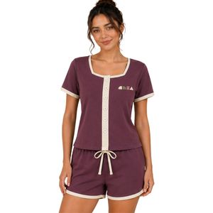 Conjunto de Dos Piezas para Mujer, Color Morado, Top Corto con Cuello Cuadrado y Botones, Ribete en Contraste Crema, Ropa Casual de Verano de Algodón, Estilo Lounge, OEM - Product Image 1