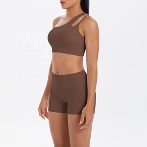 One shoulder yoga set High waist shorts yoga Seamless crop top set Solid color activewear 2 piece yoga outfit - Product Image 3