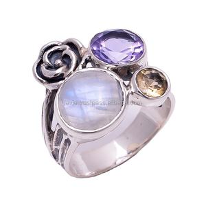 แหวนพลอยพลอยธรรมชาติสีรุ้งประดับพลอยพลอยสีเงินบริสุทธิ์สีรุ้งแบบเหลี่ยมเพชรพลอยขายส่ง925 - Product Image 1