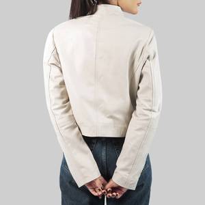 Julia Womens <b>White</b> Breathable Genuine Leather <b>Jacket</b> Stand Collar Zipper Closure - Leather <b>Jacket</b> <b>White</b> - Product Image 4
