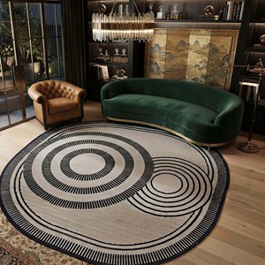 Tapis géométrique tufté à la main, moderne et contemporain, noir et gris, tapis design, motif abstrait circulaire, salon, intérieur de la maison - Product Image 2