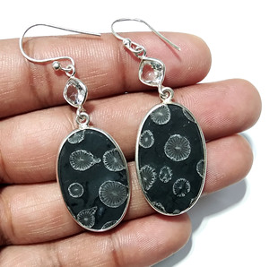 Natural Black Coral & Zircon Bohemian Wedding Earrings Solid 925 Sterling Silver Oval Dangle <b>Drop</b> Handmade Jewelry Gift Women - Product Image 2