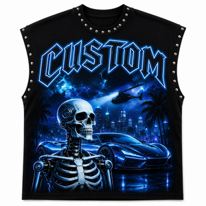 SHH INDUSTRIES Débardeur surdimensionné personnalisé sans manches 100% Coton Lavé Écologique Imprimé Crâne et Voiture Streetwear Riveté - Product Image 1