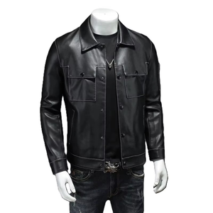 Mens Slim Fit Contrast Stitch Leather Trucker <b>Jacket</b> Black PU <b>Biker</b> <b>Jacket</b> White Stitch Streetwear Moto Coat - Product Image 4
