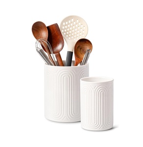Embossed Ceramic Utensil Holder <b>Set</b> Textured Surface High <b>Fired</b> Strength Chip Resistant Stable Kitchen Counter Storage Organizer - Product Image 4