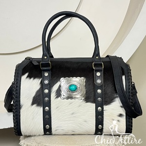 Wholesale Genuine Leather Hair On Cowhide Speedy Duffel <b>Bags</b> Western Turquoise Concho Stylish <b>Shoulder</b> Travel <b>Bags</b> For Women - Product Image 1
