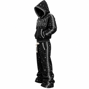 Conjunto de Sudadera con Capucha y Pantalones de Chándal Unisex con Estampado de Logotipo Personalizado, Tallas Grandes, Estilo Urbano, Negro, Oversize, con Cremallera, Pedrería, Hip Hop, Forro Polar de Invierno - Product Image 2