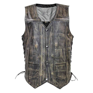 Gilet en coton pour homme, style vintage, effet usé, sans manches, fermeture éclair, col en V, décontracté, mode motard - Product Image 1