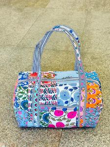 Women Large Floral Printed Duffel Bag With <b>Rope</b> Handles Zipper Closure Travel Weekender Bag Textile Material Blue Pink Pattern - Product Image 1