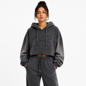 Conjunto de Sudadera Corta Oversize y Pantalones Jogger para Mujer ONEAPEX INTERNATIONAL, 100% Algodón Grueso, Lavado Ácido, Forrado, Casual de Invierno - Product Image 4