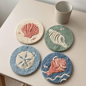 4pcs Punch <b>Needle</b> Coaster Set, Beach House Decor Table Mat Drinkware Holderby whimsy art craft - Product Image 3